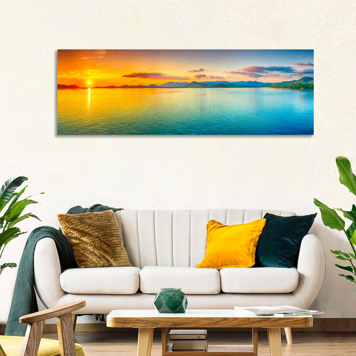 Golden Lake Sunrise Wall Art in a room, panoramic