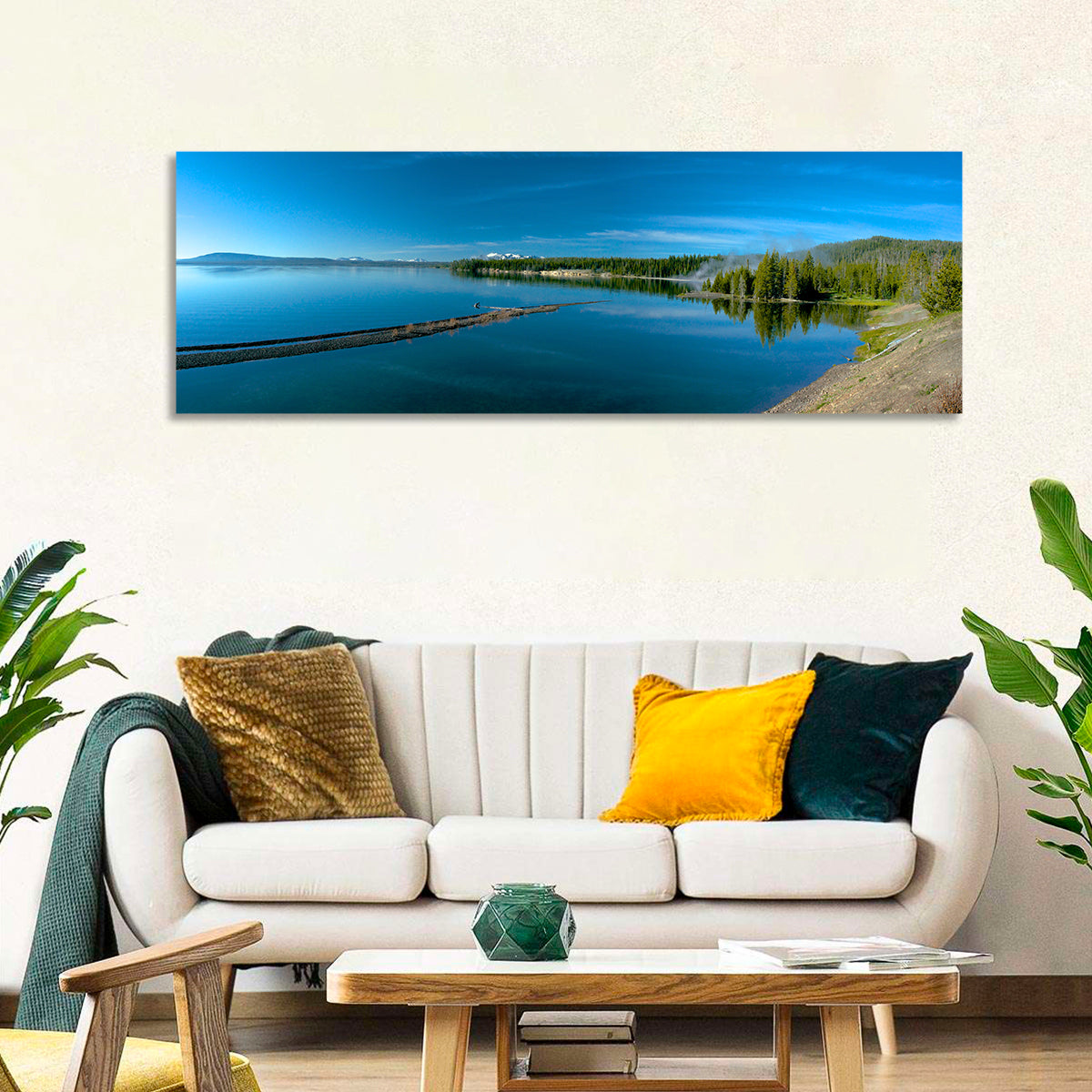 Yellowstone Lake Shore Wall Art in a room, panoramic