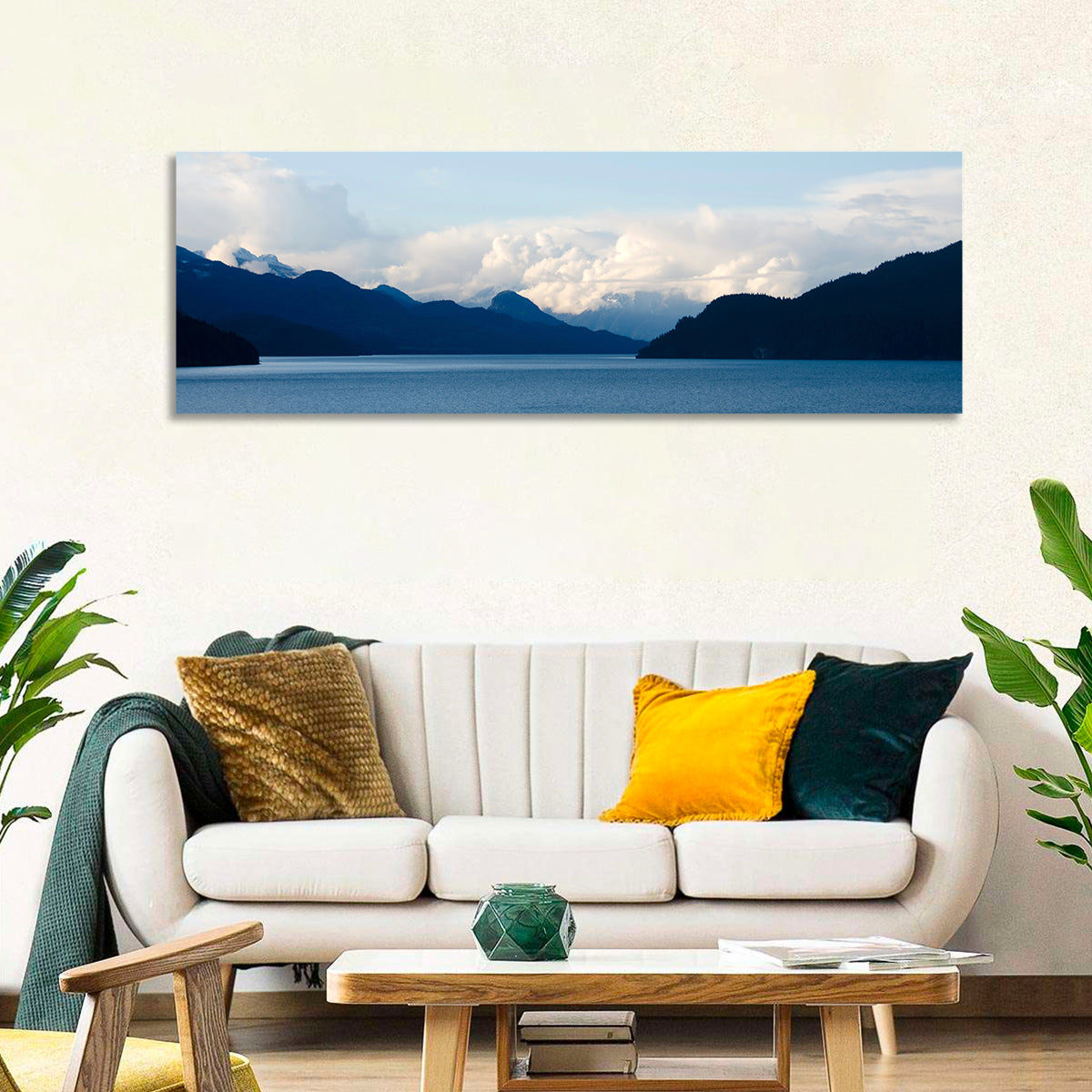 Harrison Lake Morning Clouds Wall Art in a room, panoramic