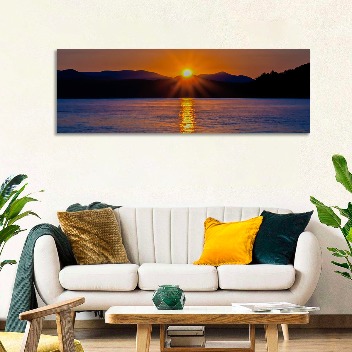 Lake Jocassee Golden Sunrise Wall Art in a room, panoramic