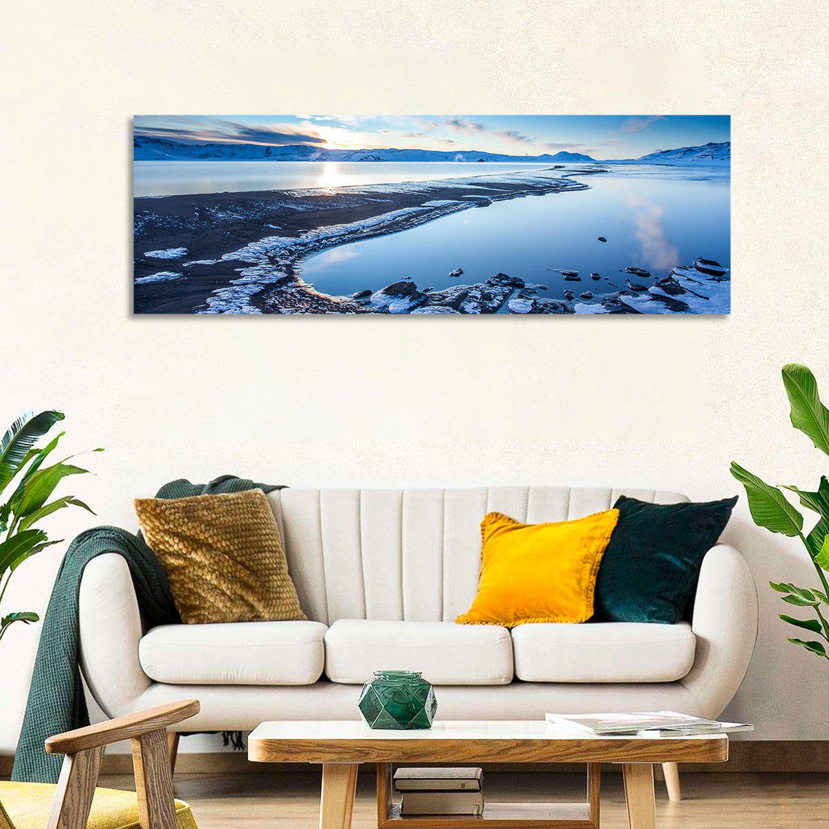 Lake Kleifarvatn Icy Shoreline Wall Art in a room, panoramic
