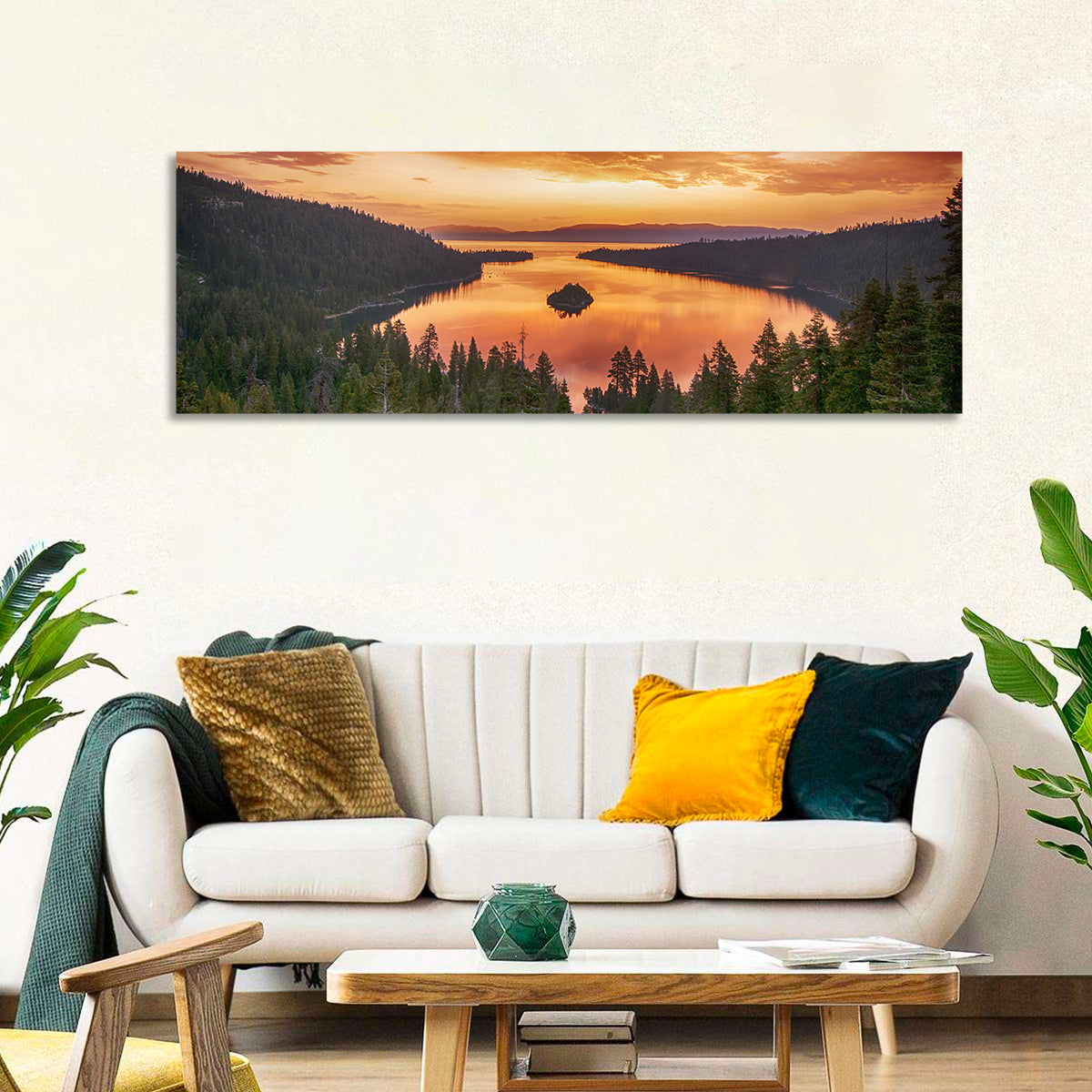 Emerald Bay Sunrise, Lake Tahoe Wall Art in a room, panoramic