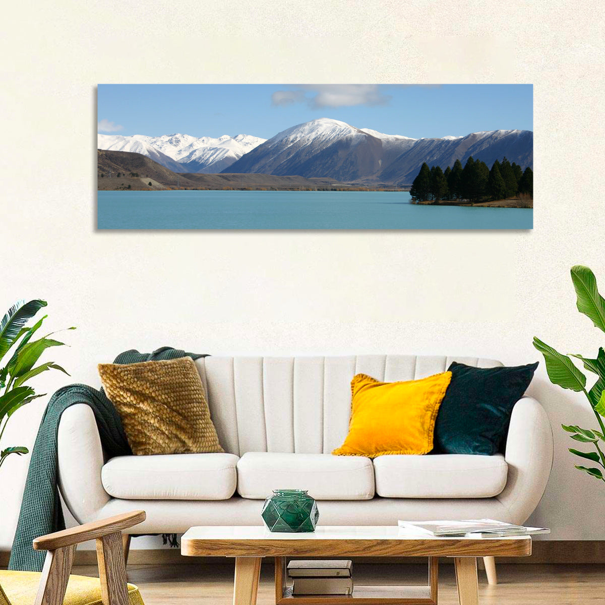 Turquoise Lake Pukaki Wall Art in a room, panoramic
