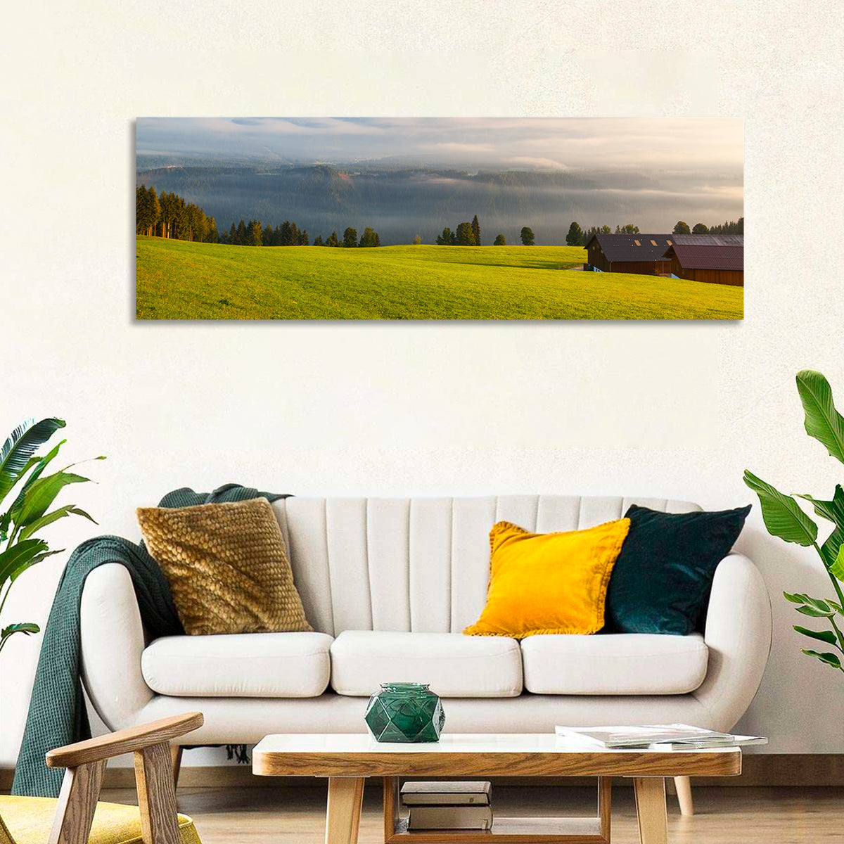 Sunlit Mountain Clouds Wall Art in a room, panoramic