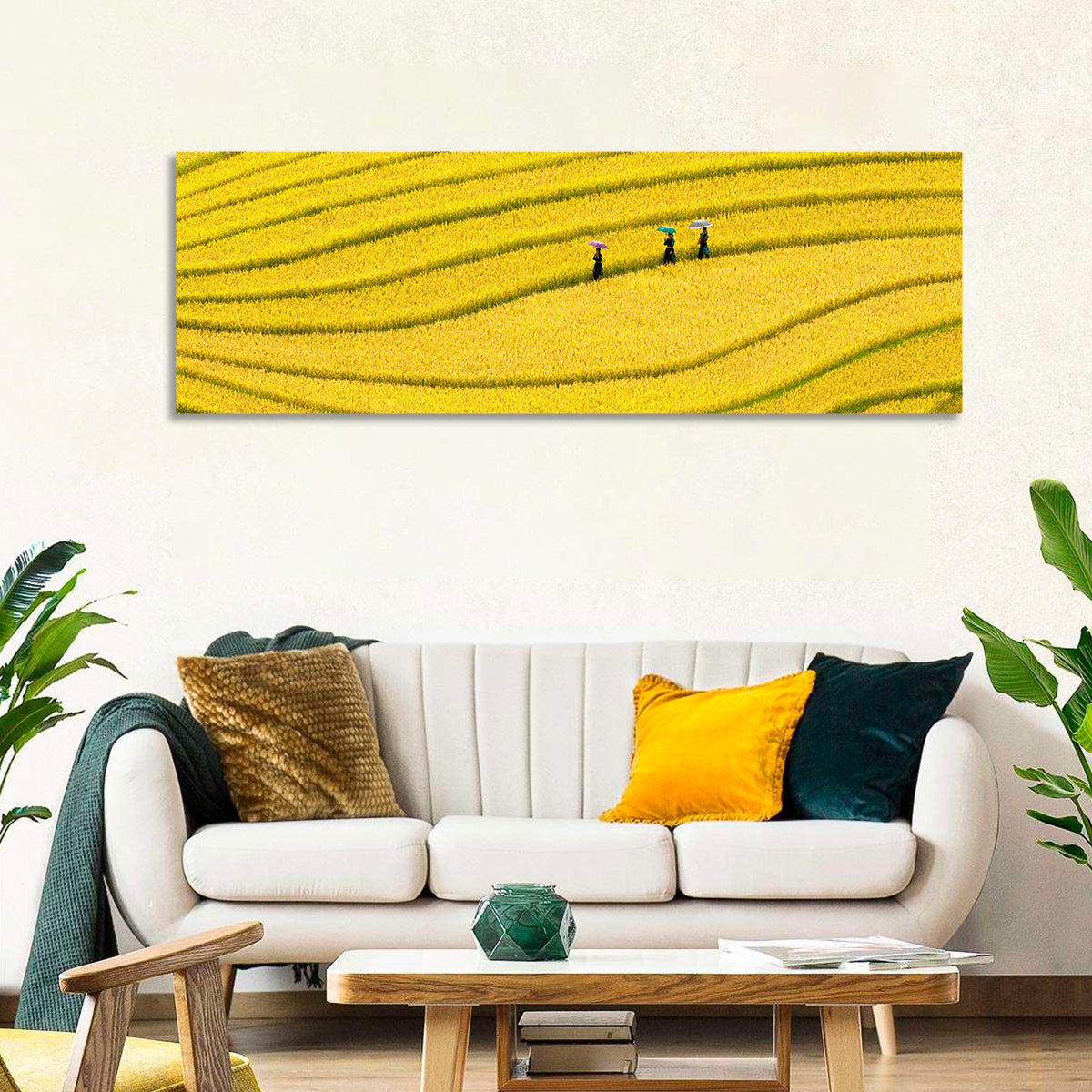 Golden Rice Terraces with Umbrellas Wall Art in a room, panoramic