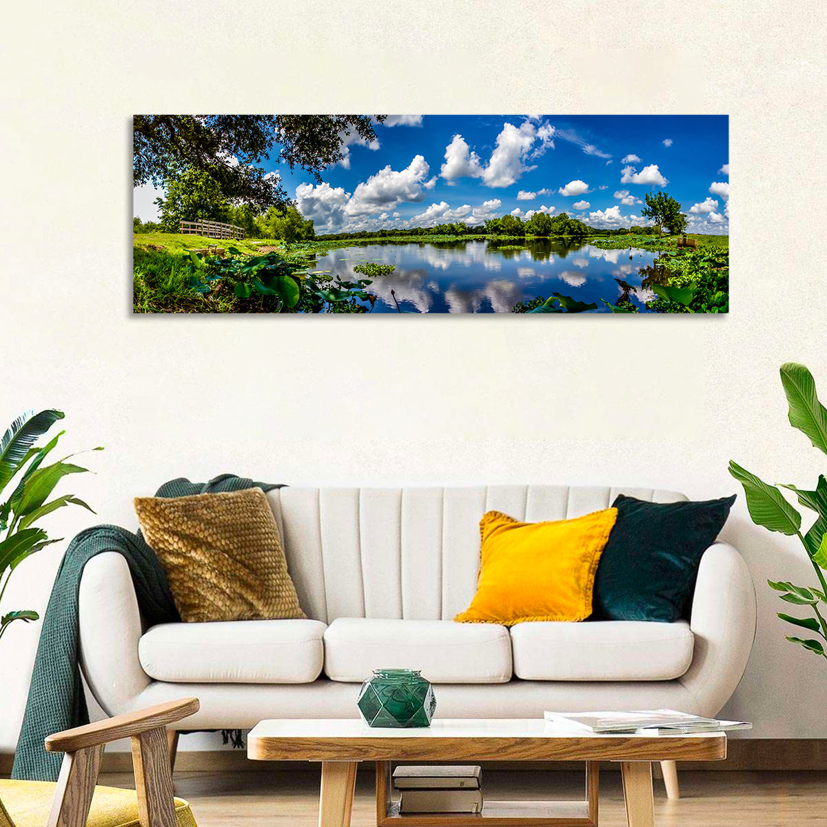 Brazos Bend Lake Reflection Wall Art in a room, panoramic