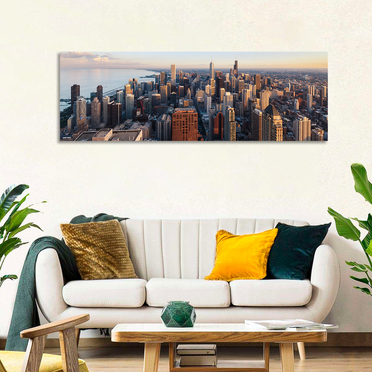Chicago Skyline at Golden Hour Wall Art in a room, panoramic