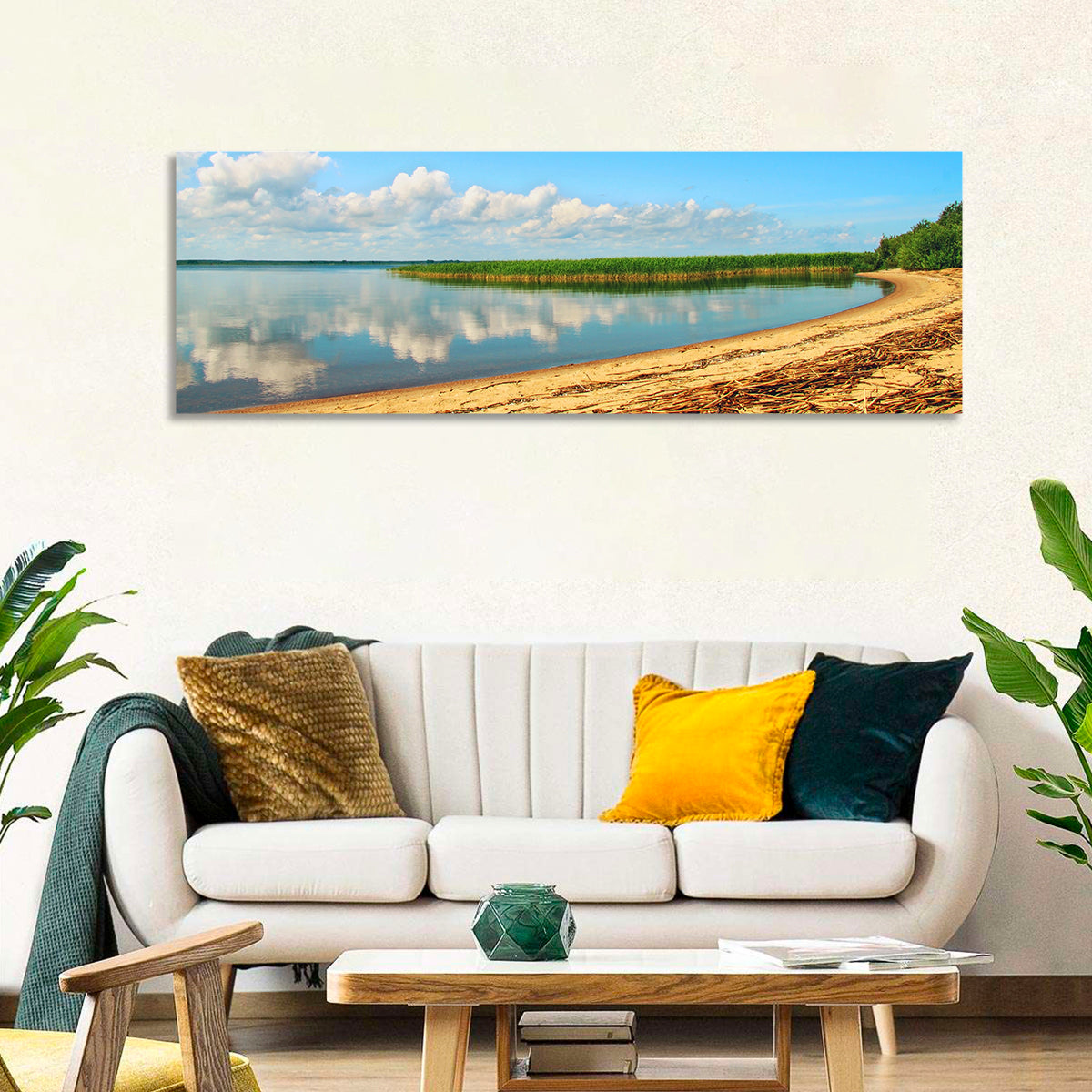 Lake Pskov Shoreline Wall Art in a room, panoramic
