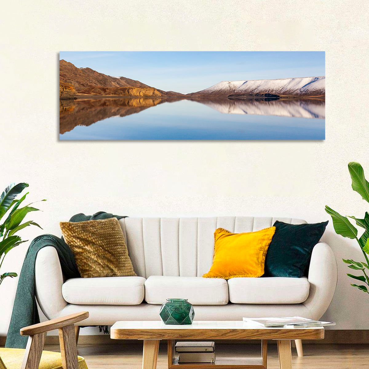 Lake Kleifarvatn Reflection Wall Art in a room, panoramic
