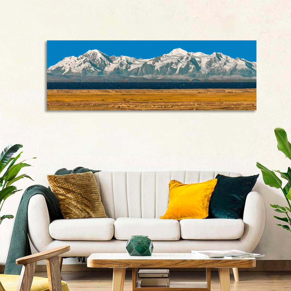 Snow-capped Peaks Over Lake Titicaca Wall Art in a room, panoramic