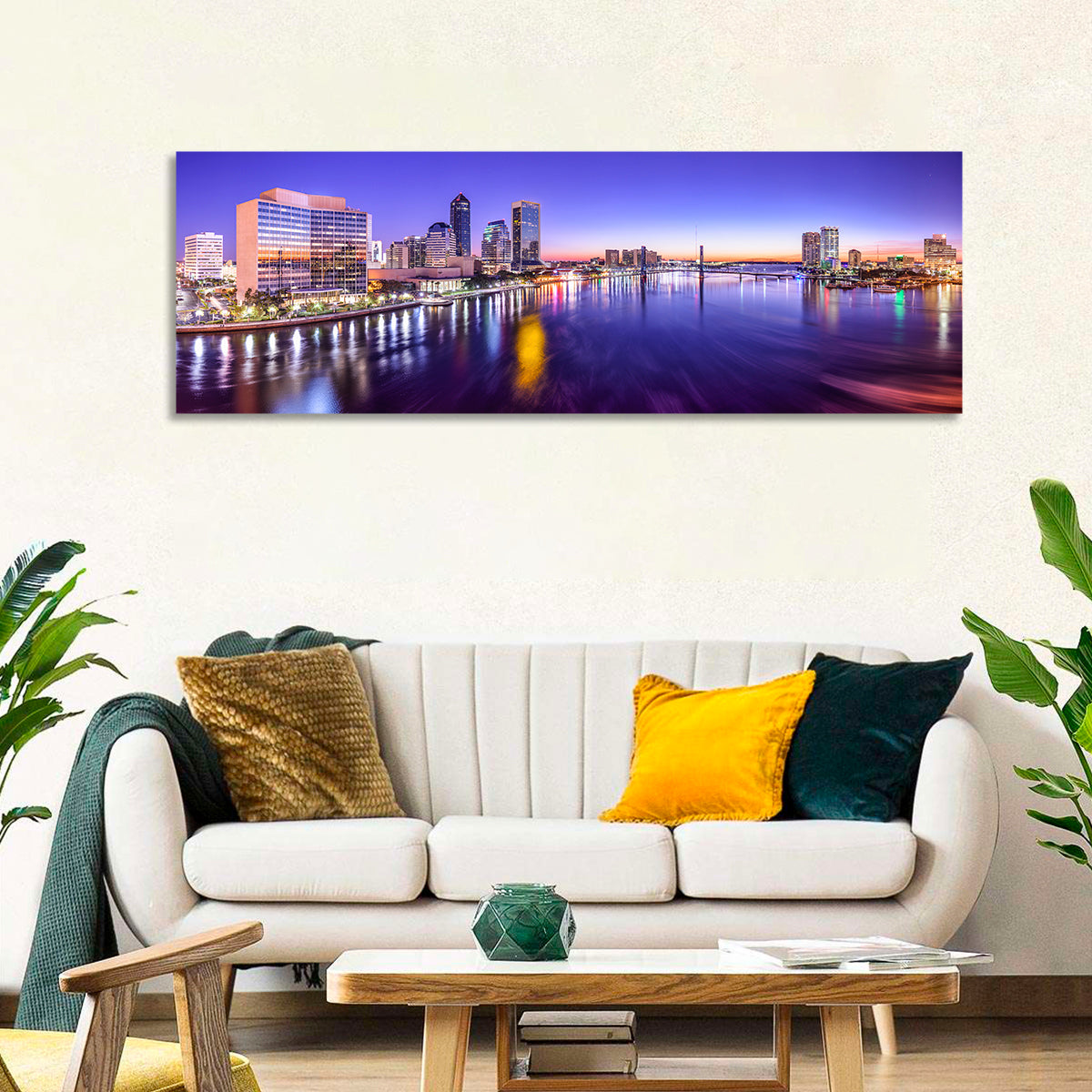Jacksonville Twilight Skyline Wall Art in a room, panoramic