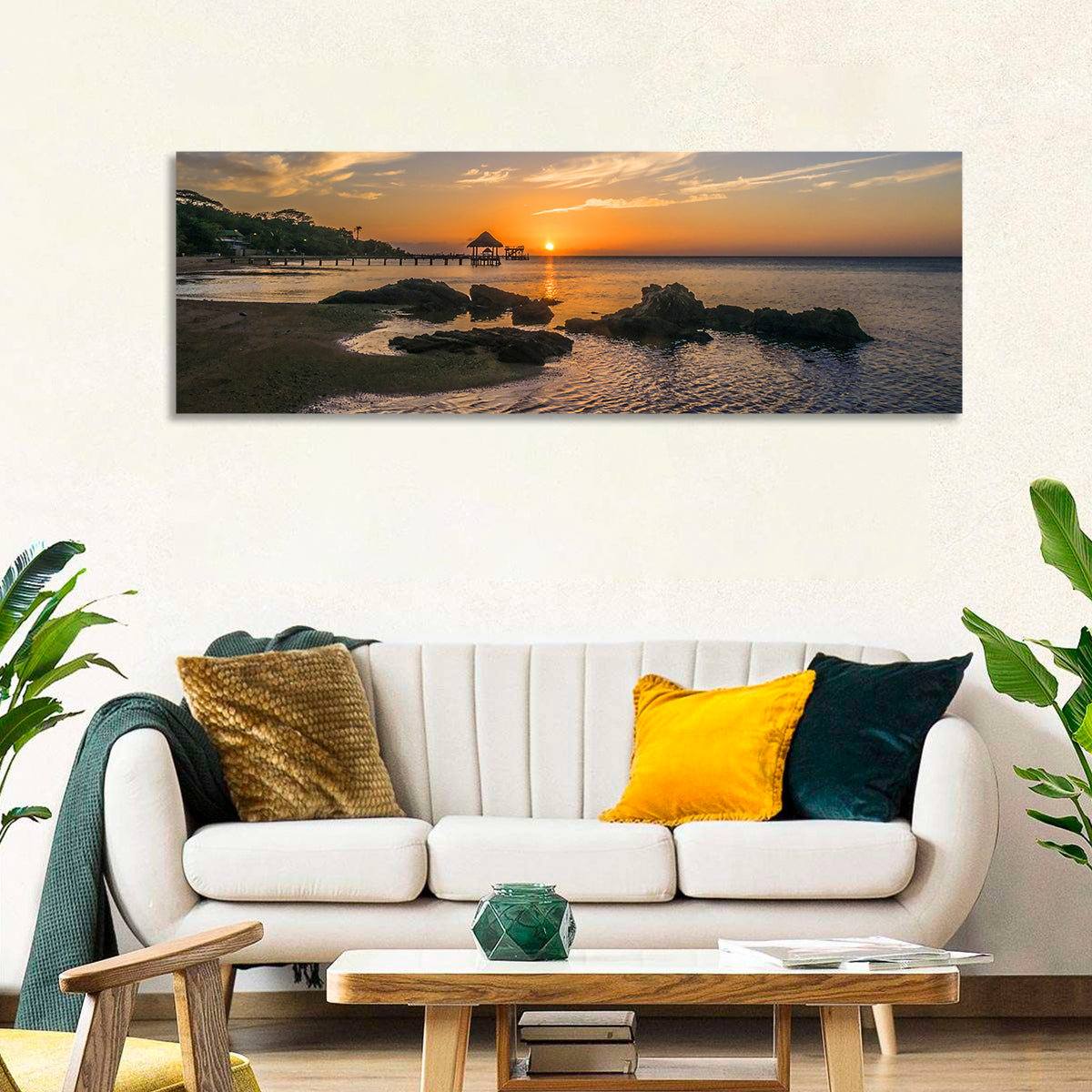 Roatan Pier Sunset Wall Art in a room, panoramic