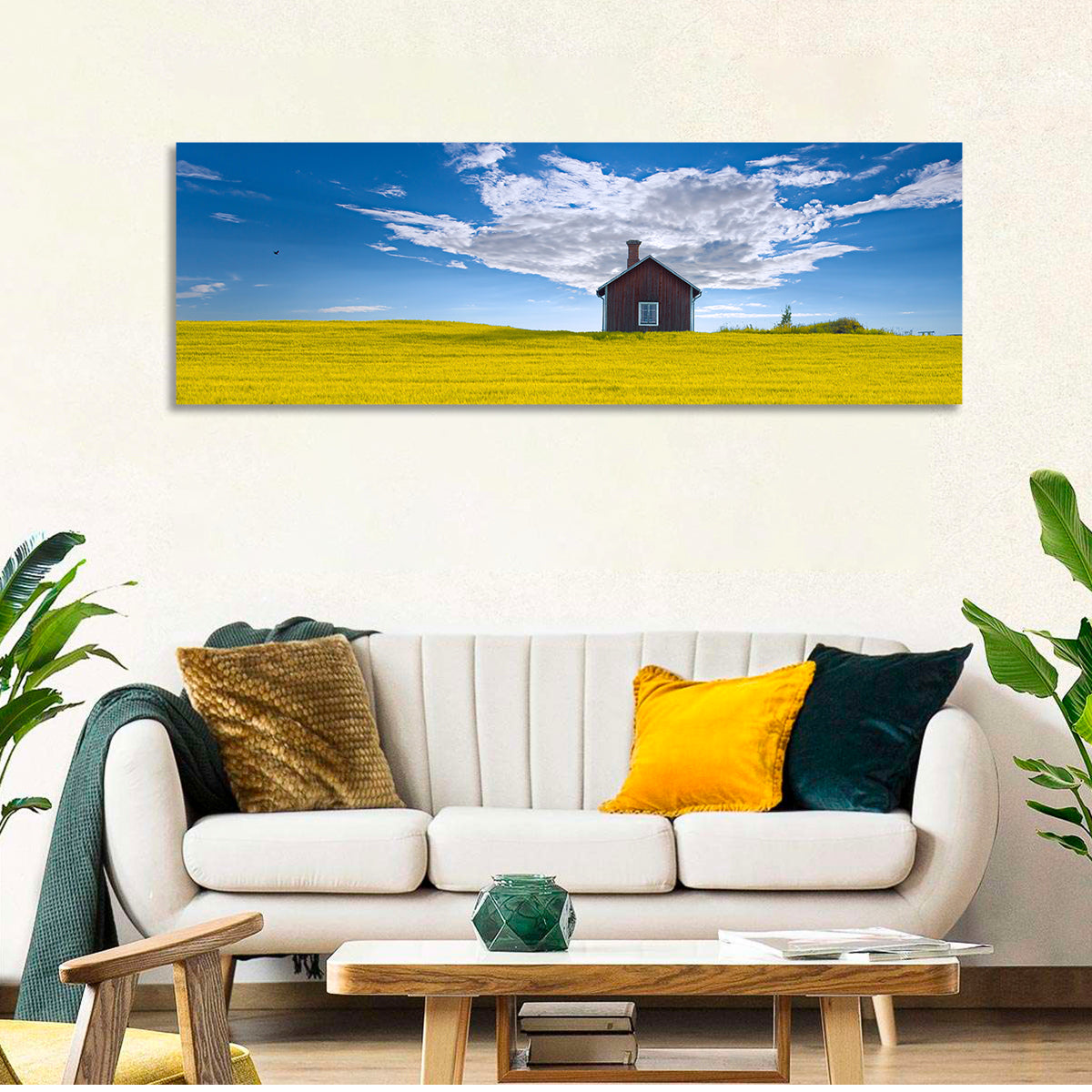 Red Barn in Golden Wheat Field Wall Art in a room, panoramic