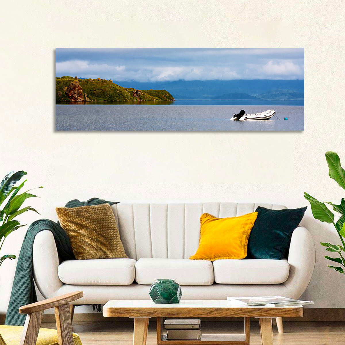 Kronotskое Lake with Boat Wall Art in a room, panoramic