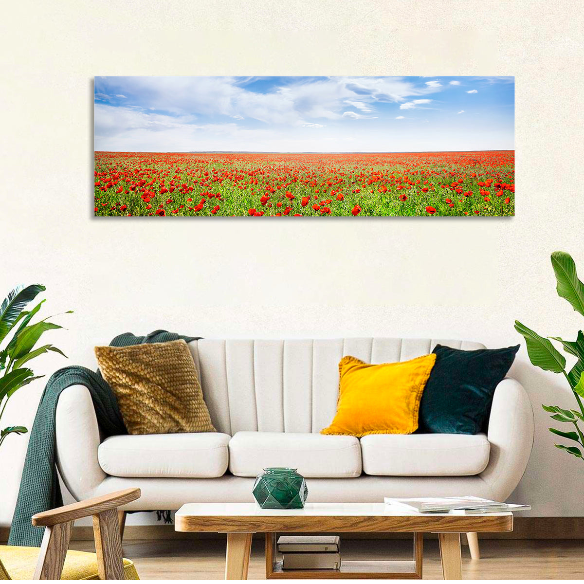 Red Poppy Field Wall Art in a room, panoramic