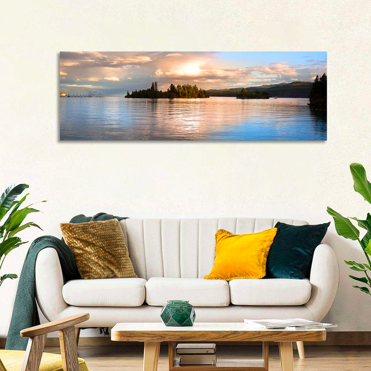 Flathead Lake Golden Hour Wall Art in a room, panoramic