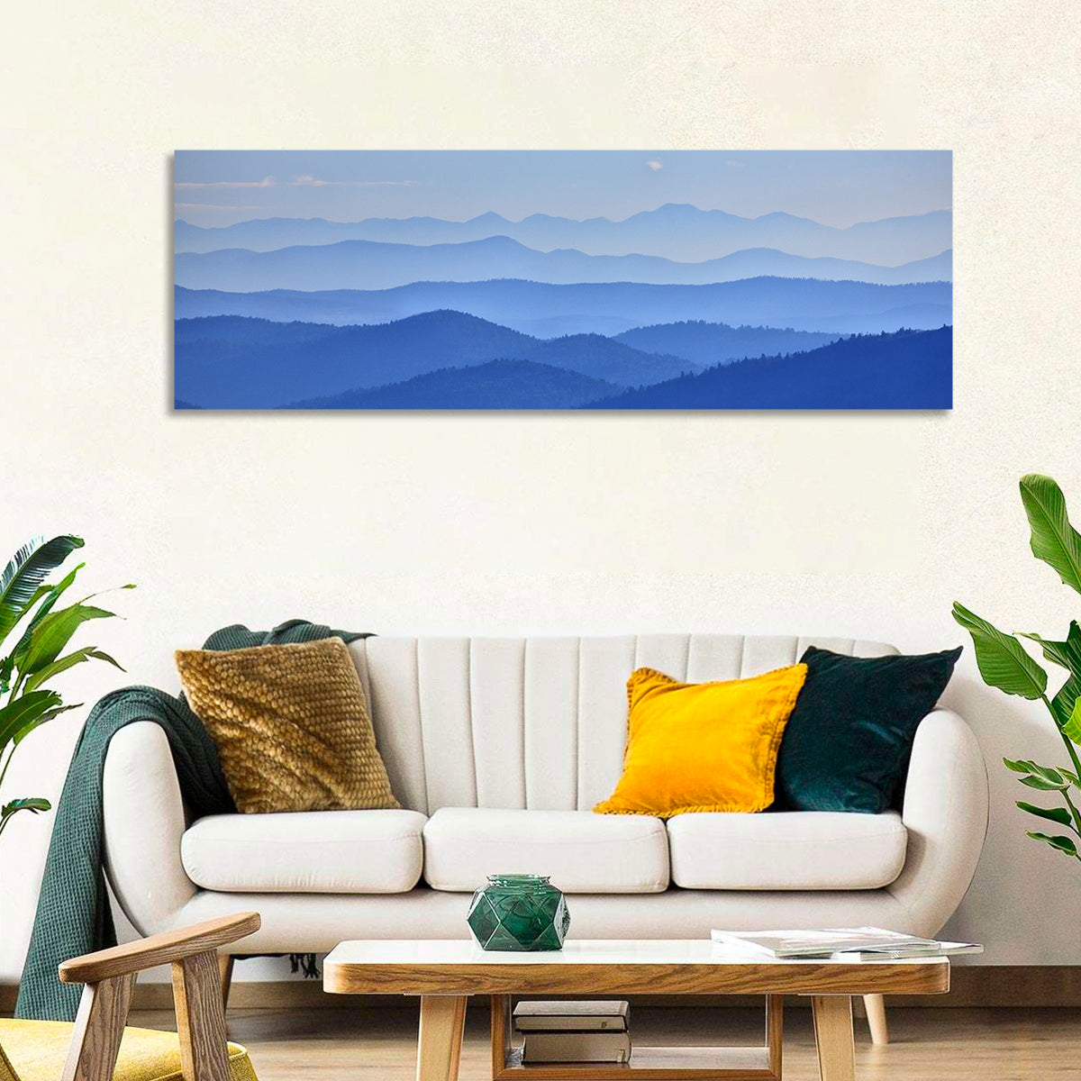 Misty Blue Mountain Valley Wall Art in a room, panoramic