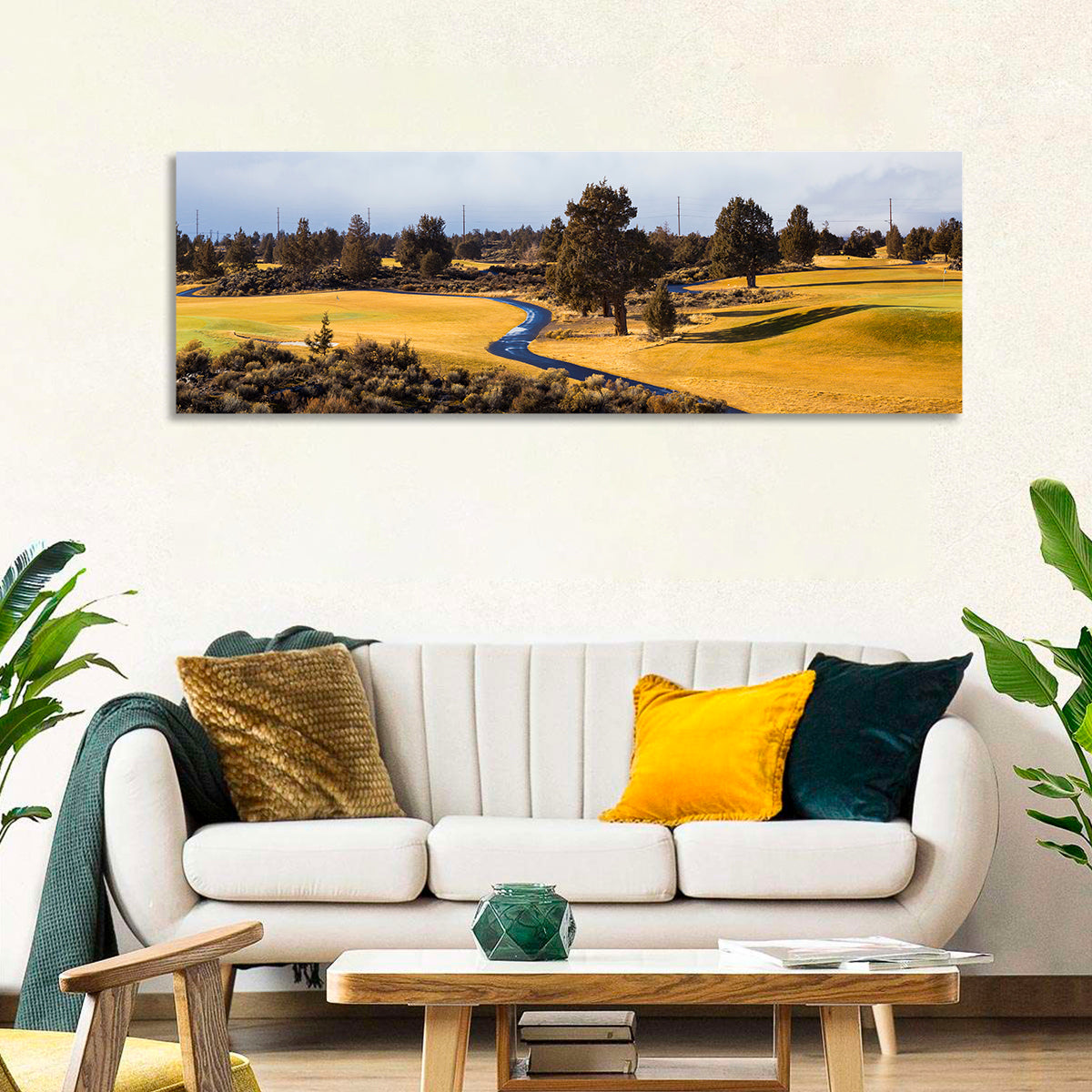 Central Oregon Golf Course with Winding Path Wall Art in a room, panoramic