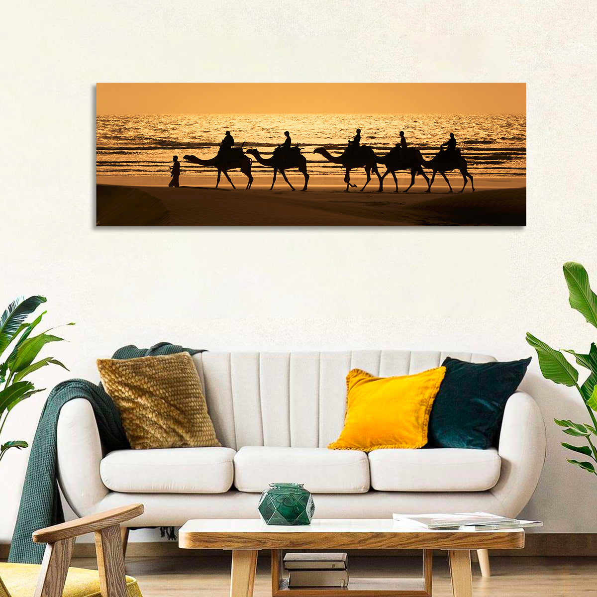 Camel Caravan Silhouette on Wet Sand Wall Art in a room, panoramic