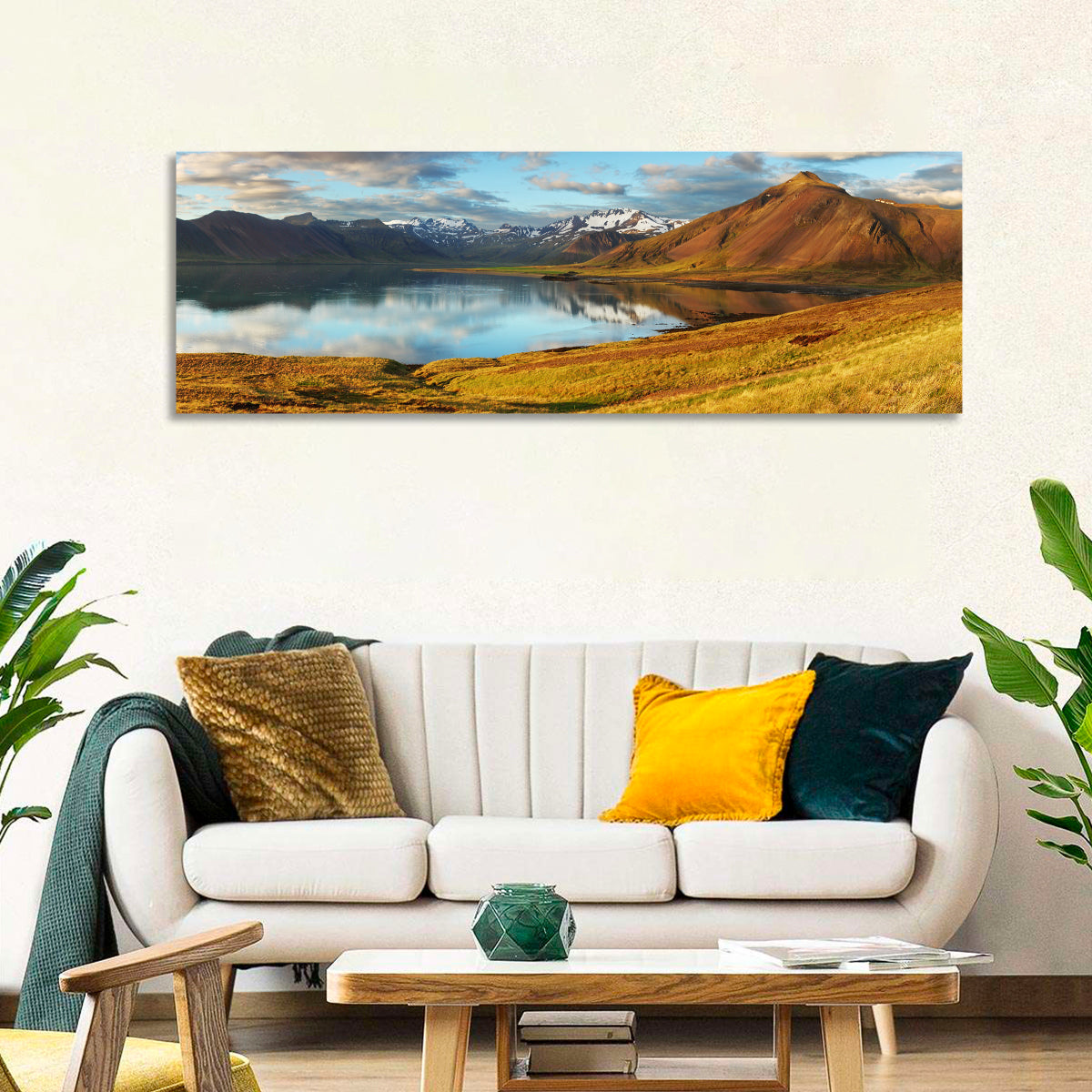 Icelandic Mountain Lake at Golden Hour Wall Art in a room, panoramic
