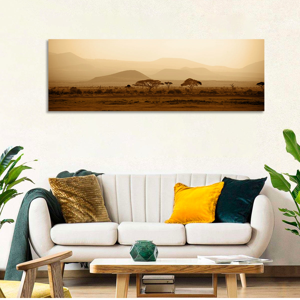 Hazy Savannah at Dawn Wall Art in a room, panoramic