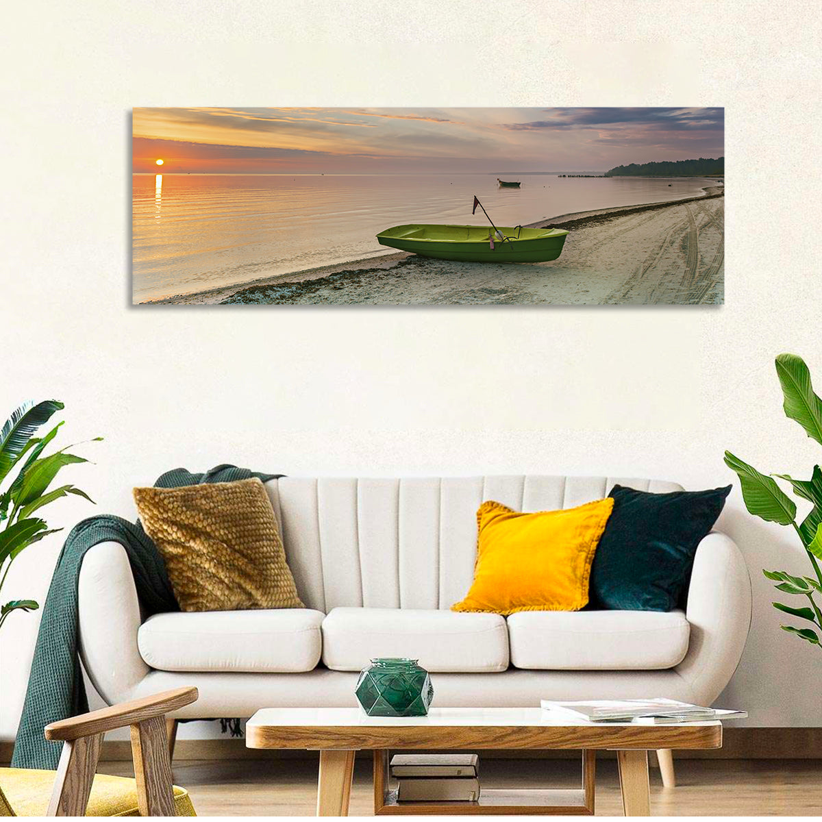 Green Rowboat at Sunrise Wall Art