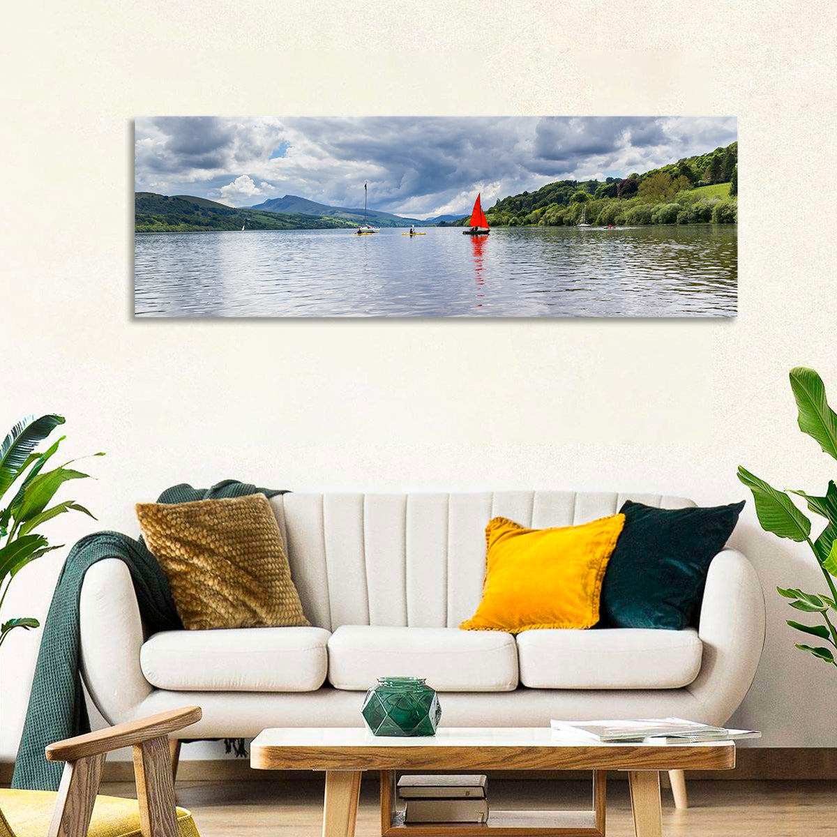 Bala Lake Sailboat Reflection Wall Art in a room, panoramic