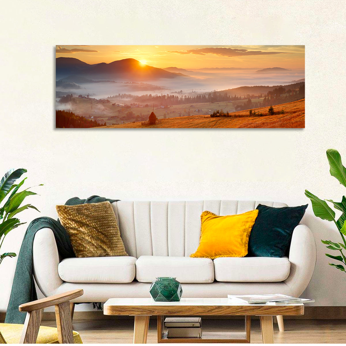 Foggy Mountain Village Wall Art in a room, panoramic