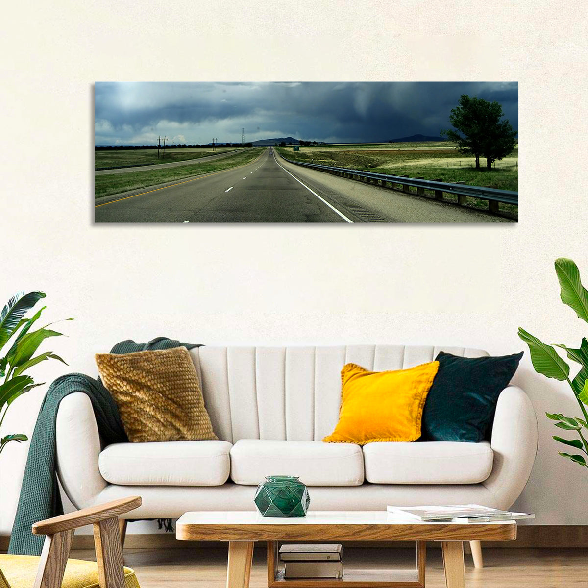 Stormy New Mexico Highway Wall Art in a room, panoramic