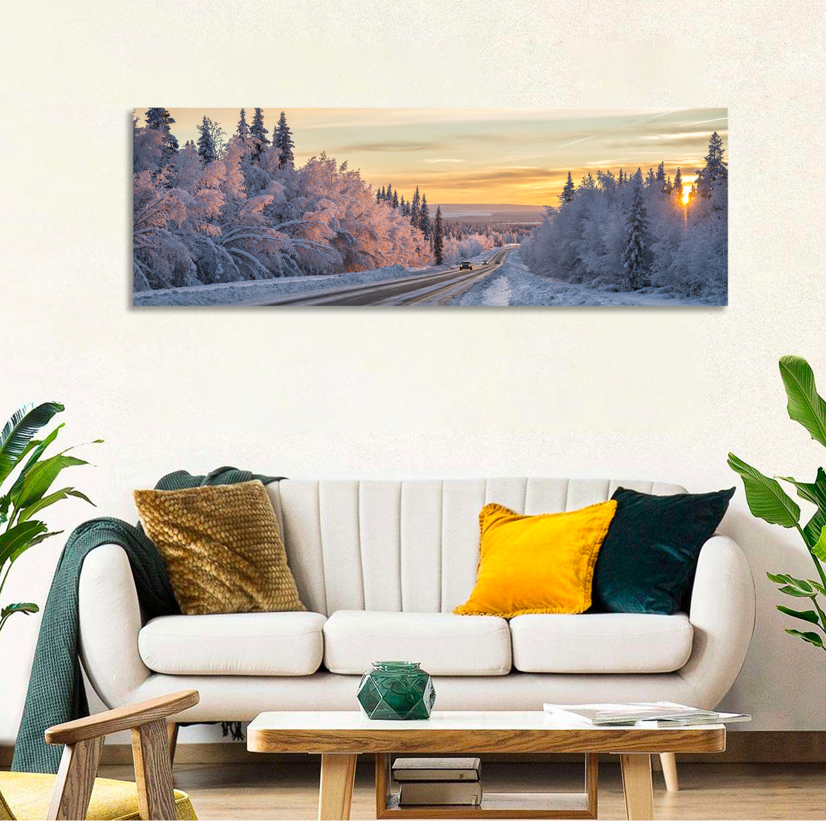 Winter Road at Sunset Wall Art in a room, panoramic