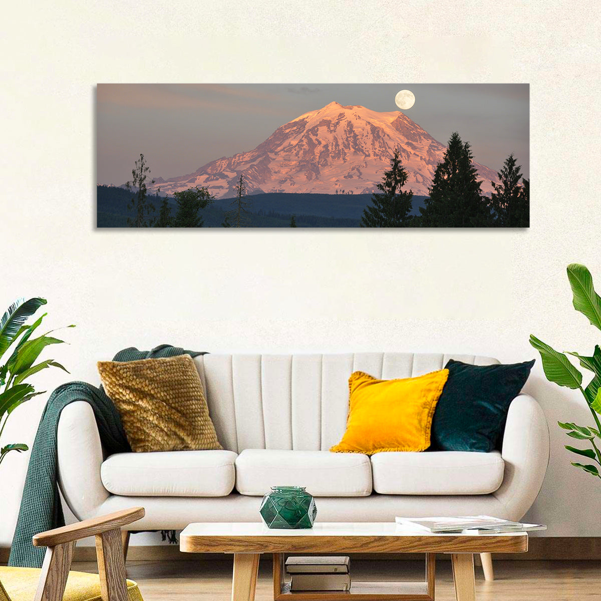 Mount Rainier Alpenglow with Full Moon Wall Art in a room, panoramic