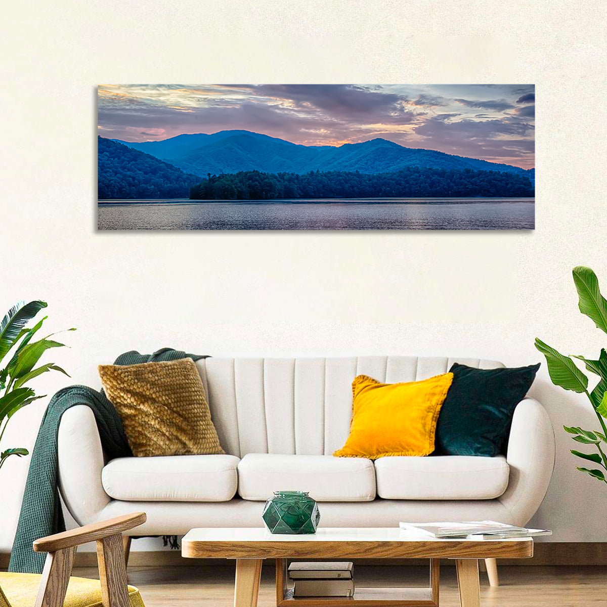 Lake Santeetlah Sunset Glow Wall Art in a room, panoramic