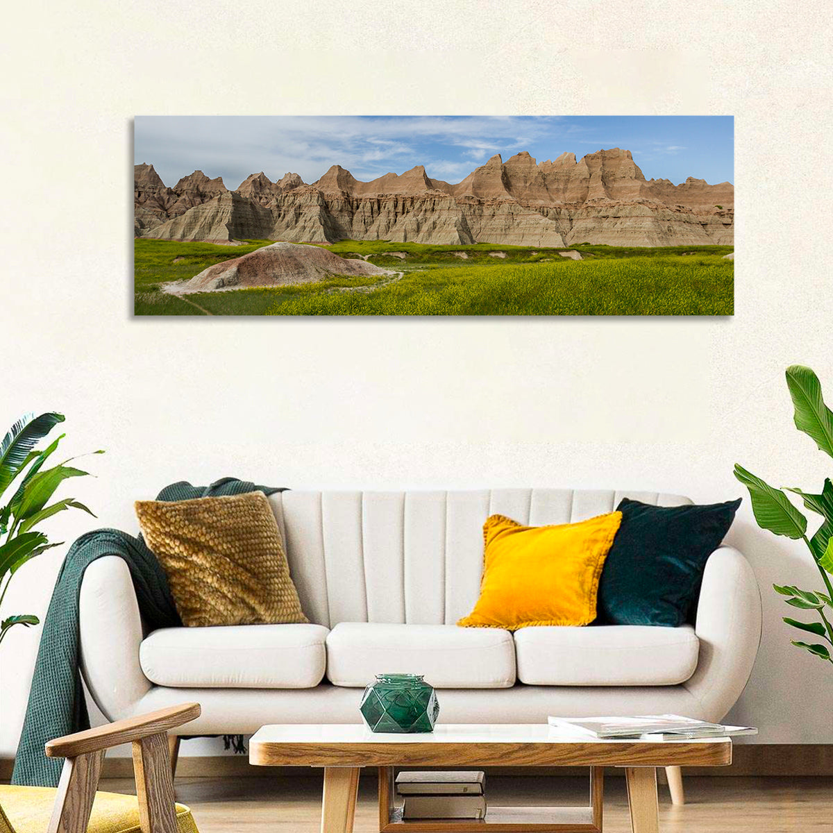 Badlands Meadow and Rock Formations Wall Art in a room, panoramic