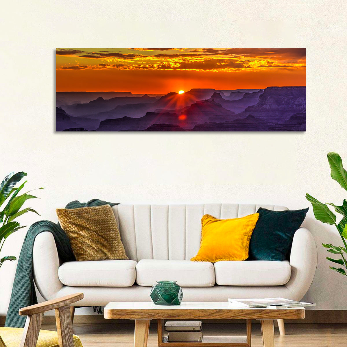 Lipan Point Sunset Sunburst Wall Art in a room, panoramic