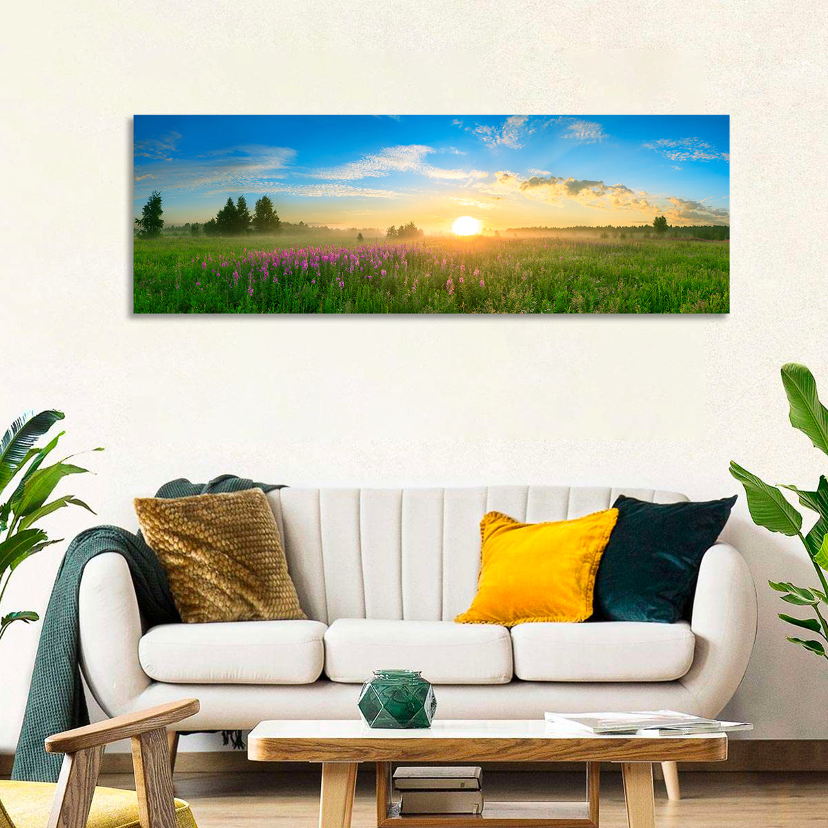Fireweed Meadow Sunrise Wall Art in a room, panoramic