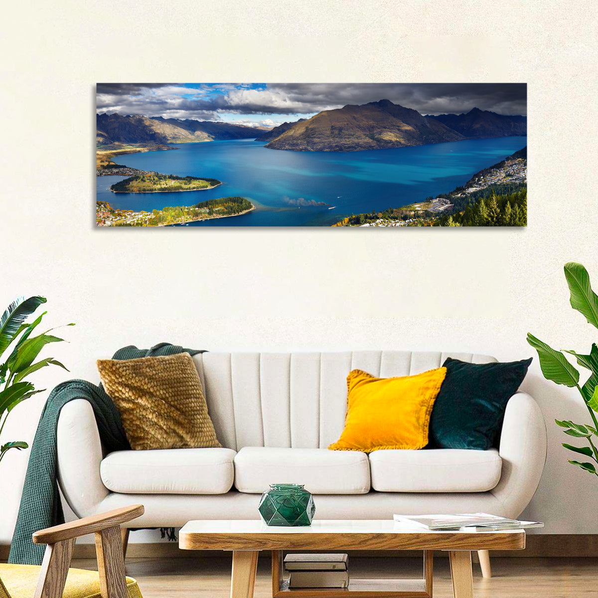 Lake Wakatipu Vista Wall Art in a room, panoramic