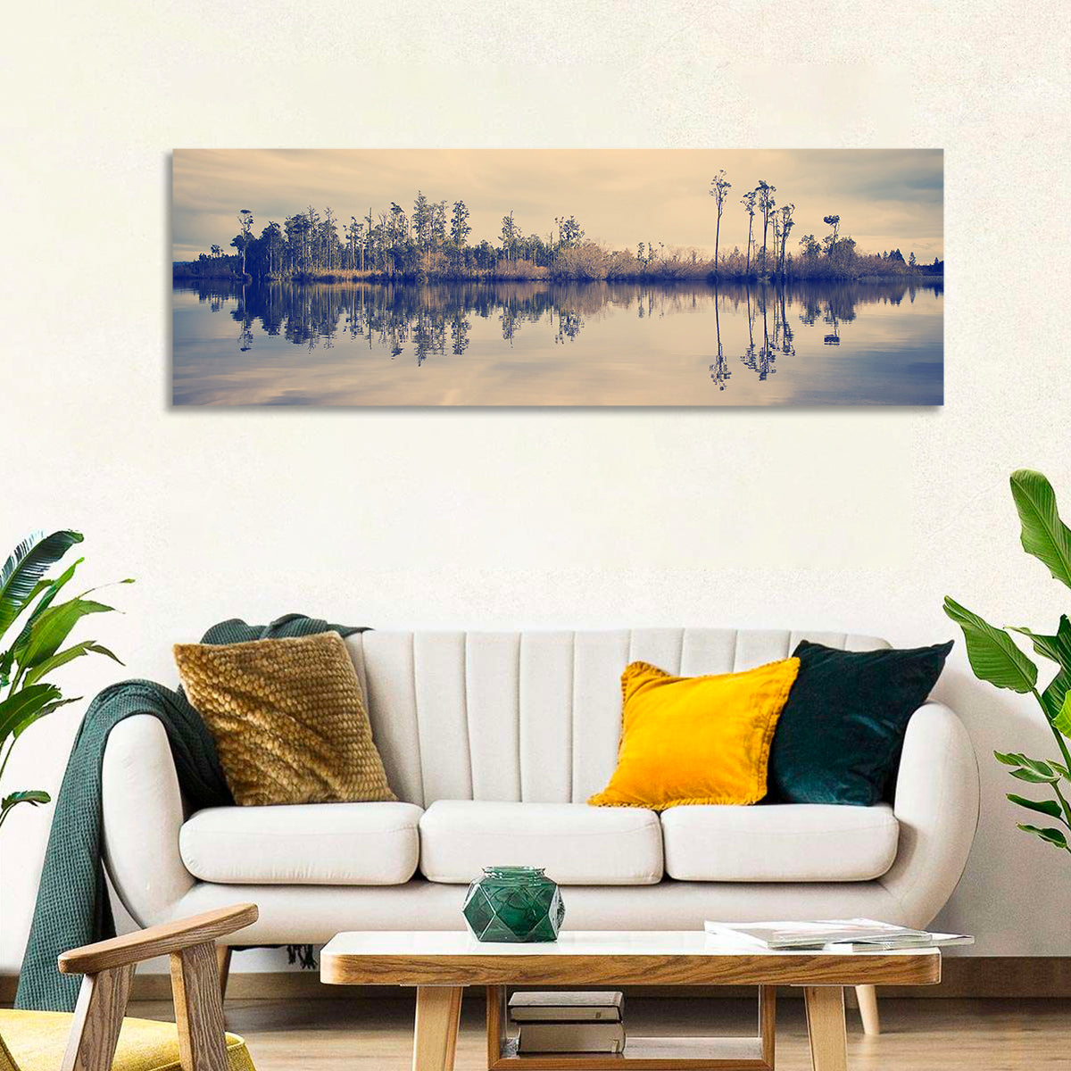 Sunset Over Forest Lake Wall Art in a room, panoramic