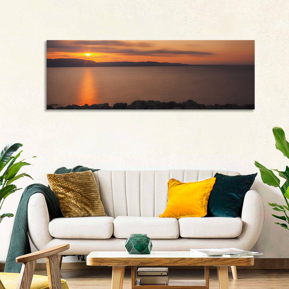 Lake Pepin Golden Sunrise Wall Art in a room, panoramic