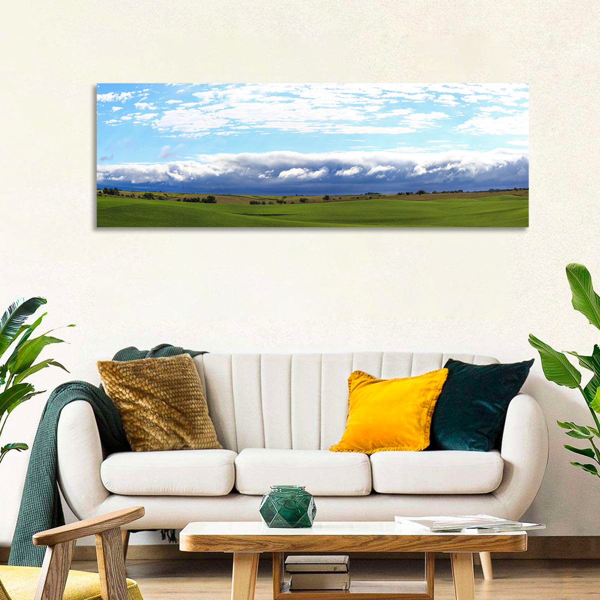 Storm Clouds Over Iowa Fields Wall Art in a room, panoramic