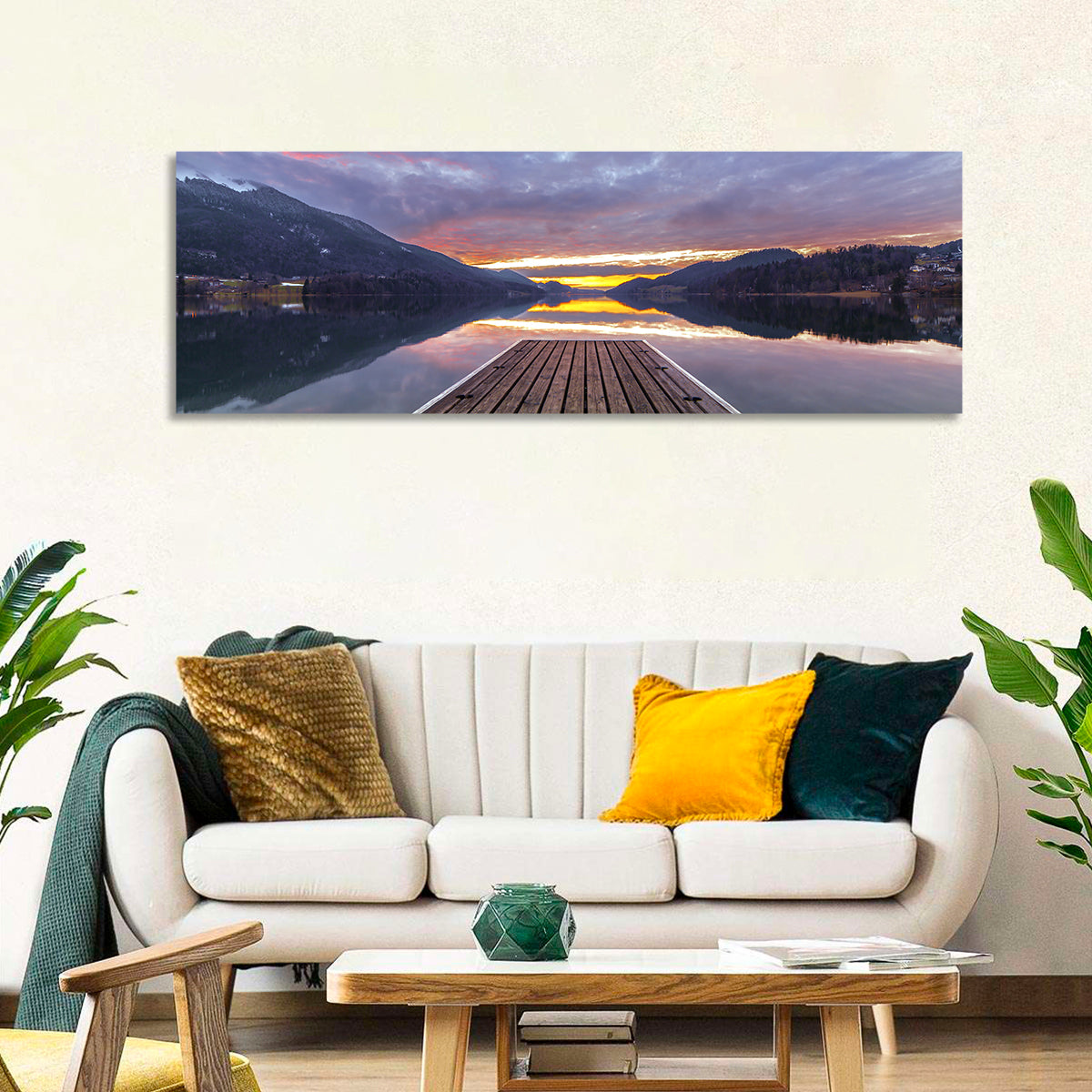 Fuschlsee Pier at Sunset Wall Art in a room, panoramic