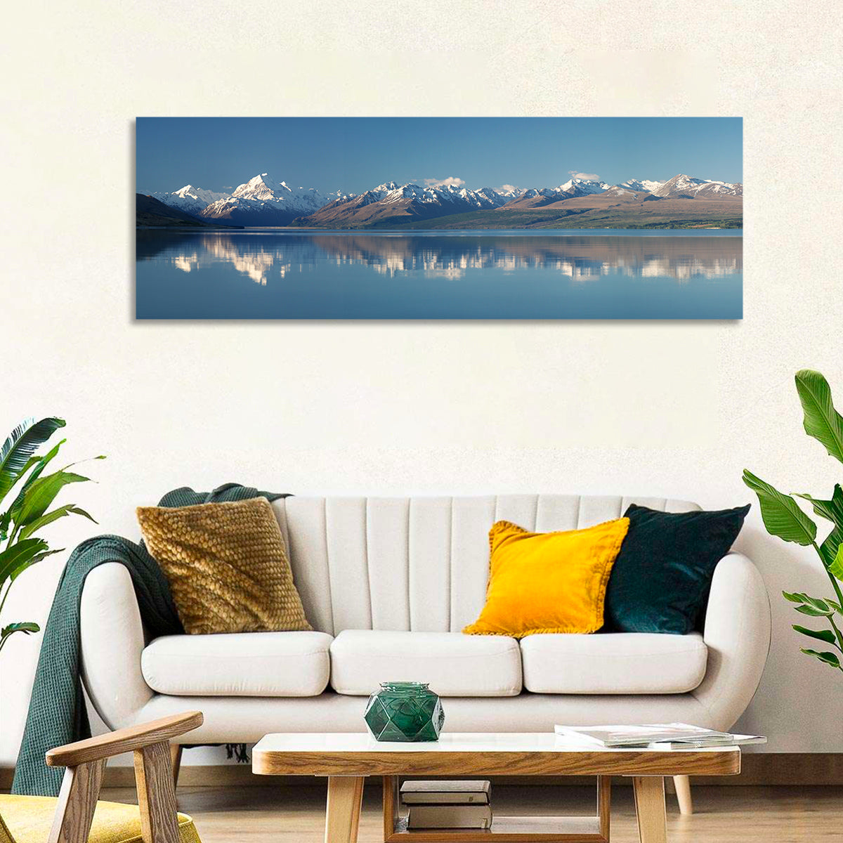Mount Cook Reflection Over Lake Pukaki Wall Art in a room, panoramic