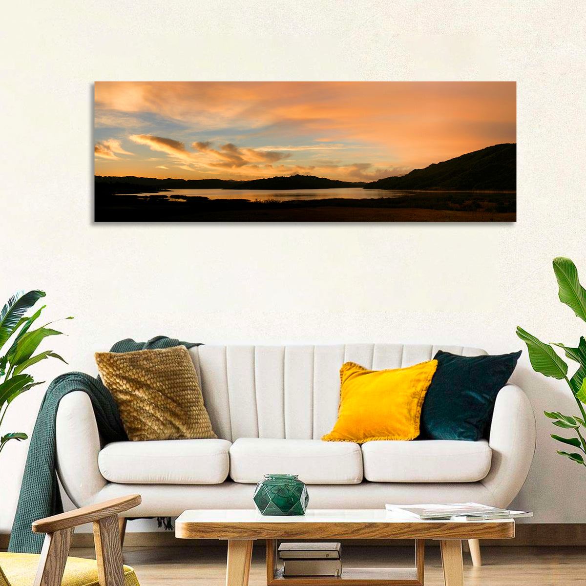 Lake Casitas Sunrise Wall Art in a room, panoramic