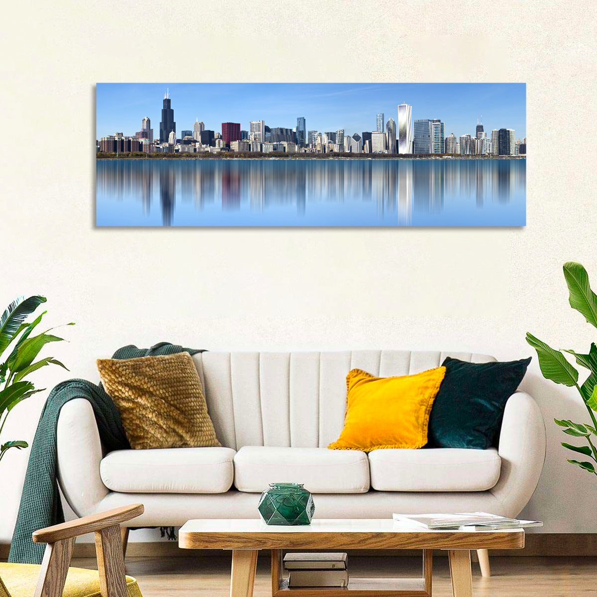 Chicago Skyline Reflection Wall Art in a room, panoramic