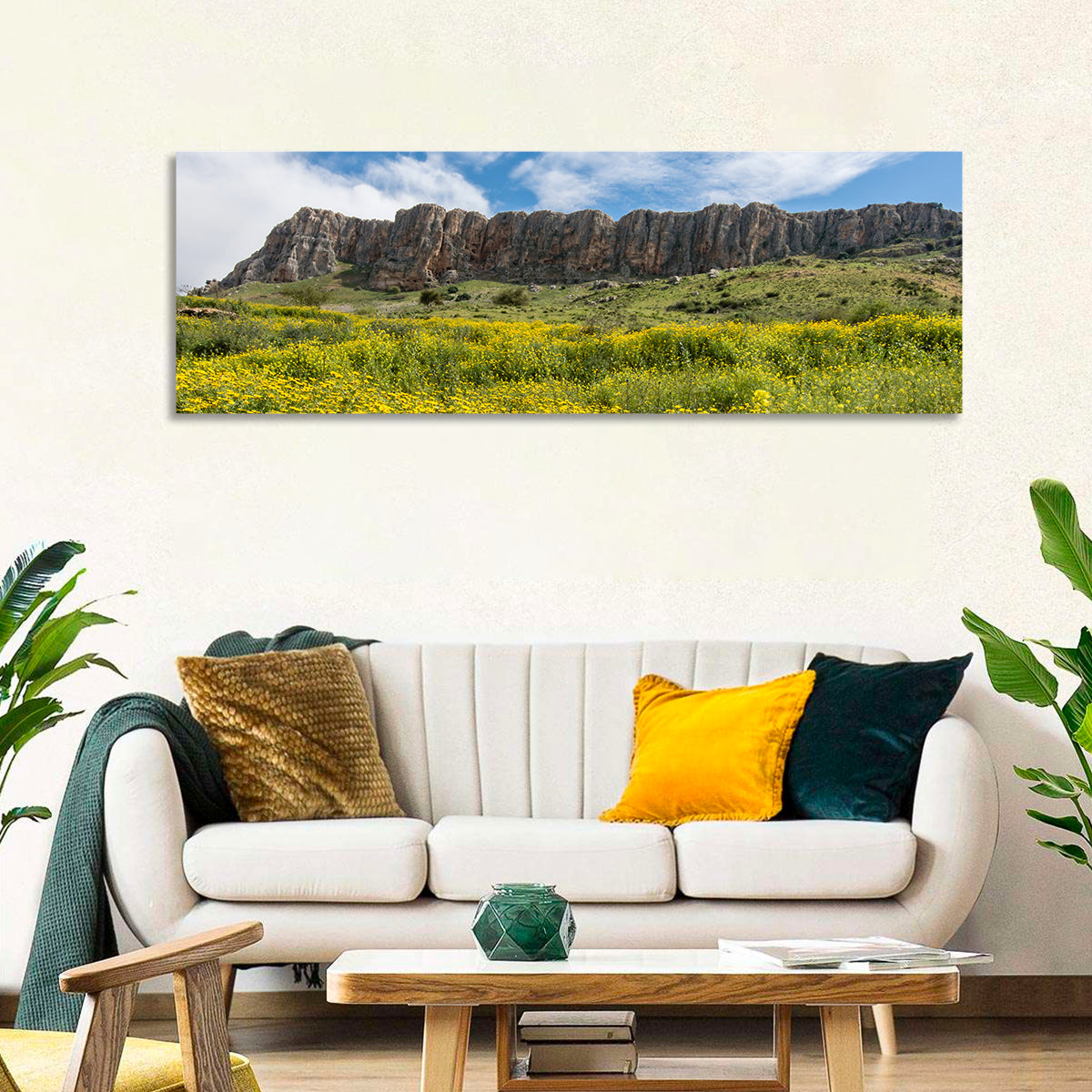 Mount Arbel Wildflower Meadow Wall Art in a room, panoramic