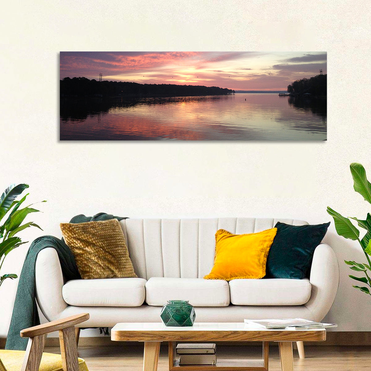 Lake Eufaula Sunset Wall Art in a room, panoramic