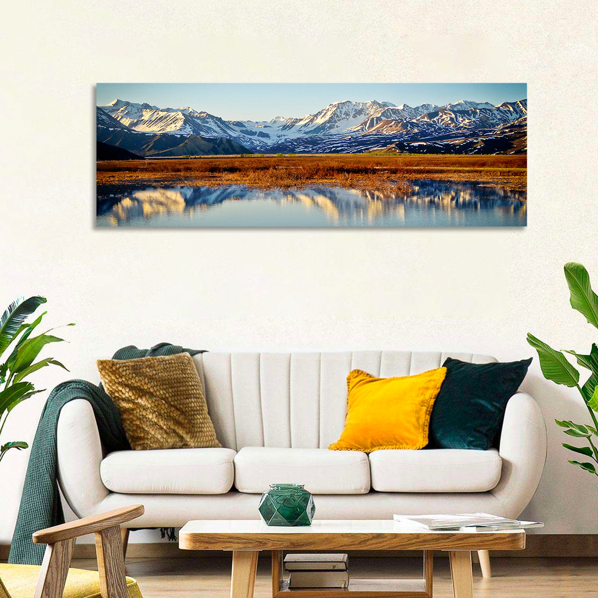 Summit Lake Reflection Wall Art in a room, panoramic
