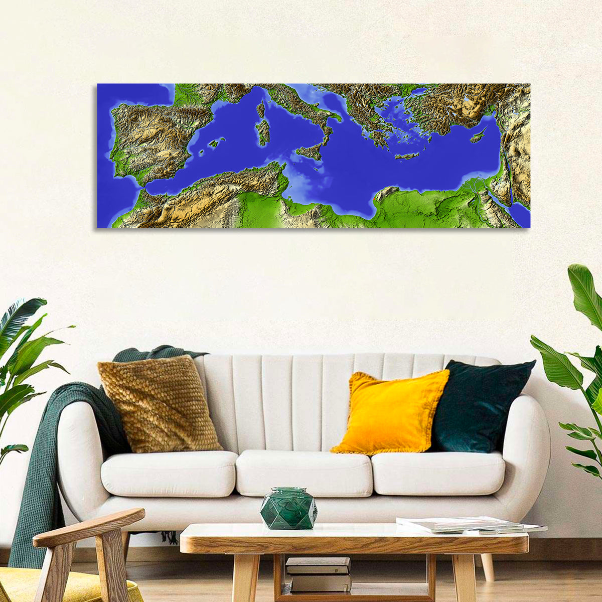 Mediterranean Sea Shaded Relief Map Wall Art in a room, panoramic