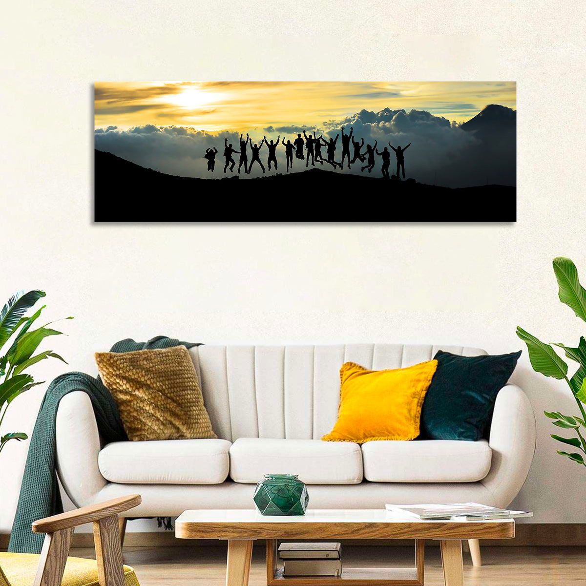Golden Team Silhouettes at Sunset Wall Art in a room, panoramic