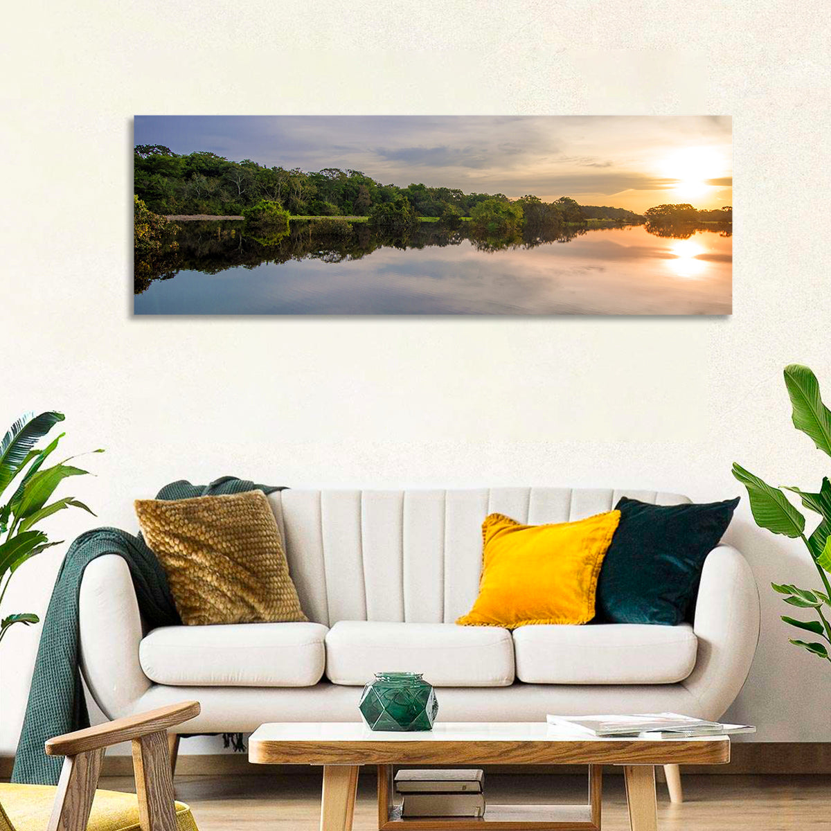 Amazon River Sunset Reflection Wall Art in a room, panoramic