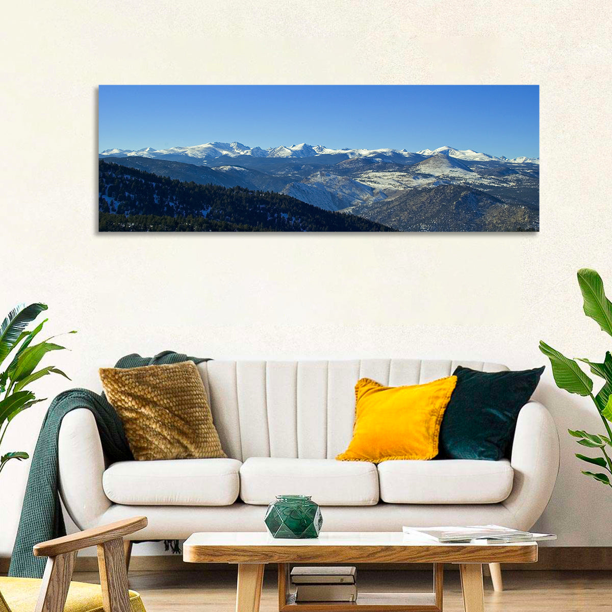 Snow-dusted Colorado Rockies Wall Art in a room, panoramic
